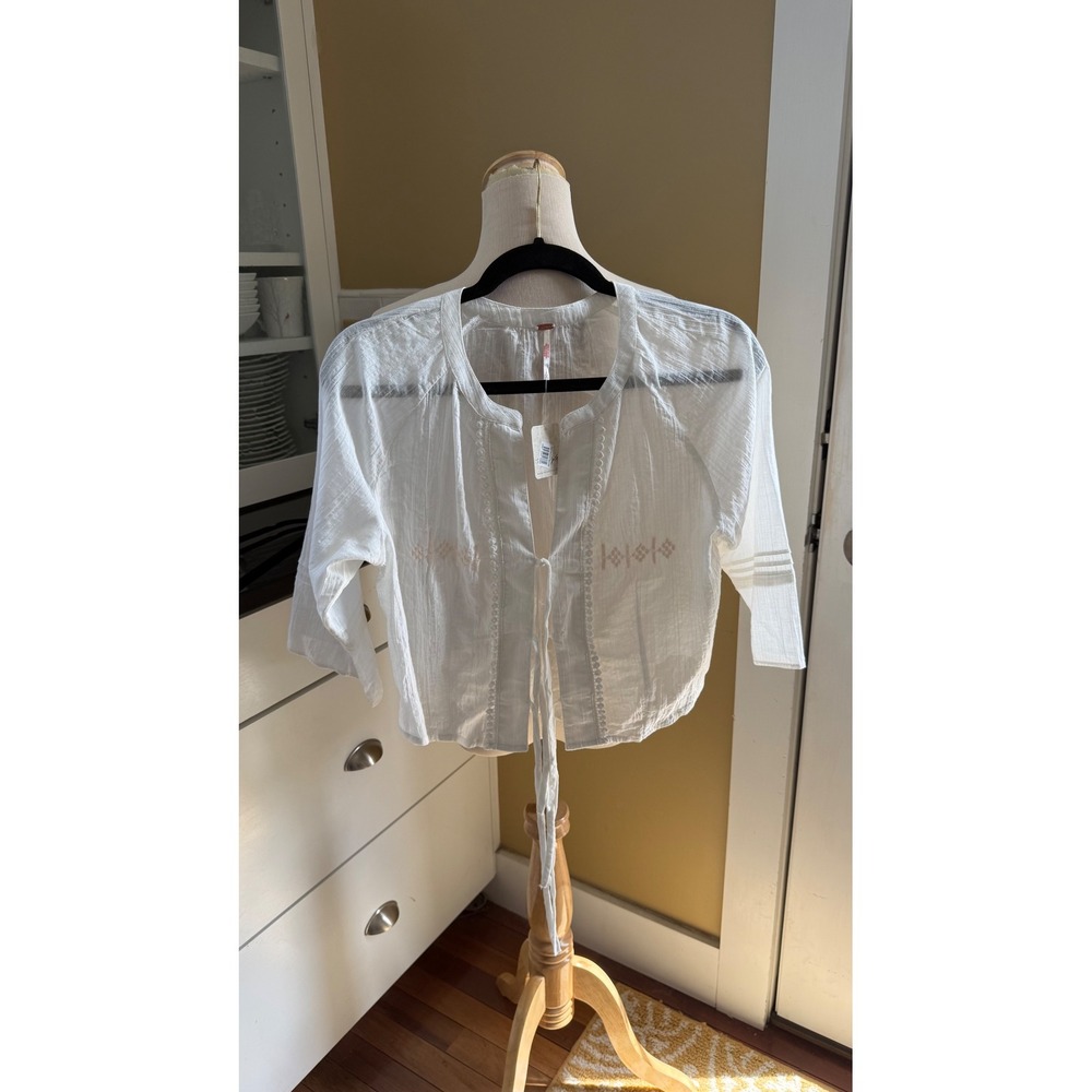 Free People Bright Side Ivory Embroidered Gauze Tie Front Cropped Top Size S
